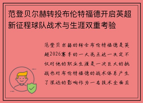 范登贝尔赫转投布伦特福德开启英超新征程球队战术与生涯双重考验